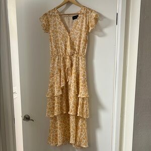 MINKPINK Yellow Cream Ruffled Tiered Midi Dress